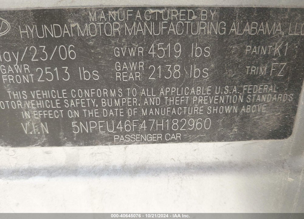 2007 HYUNDAI SONATA LIMITED/SE V6 VIN: 5NPEU46F47H182960
