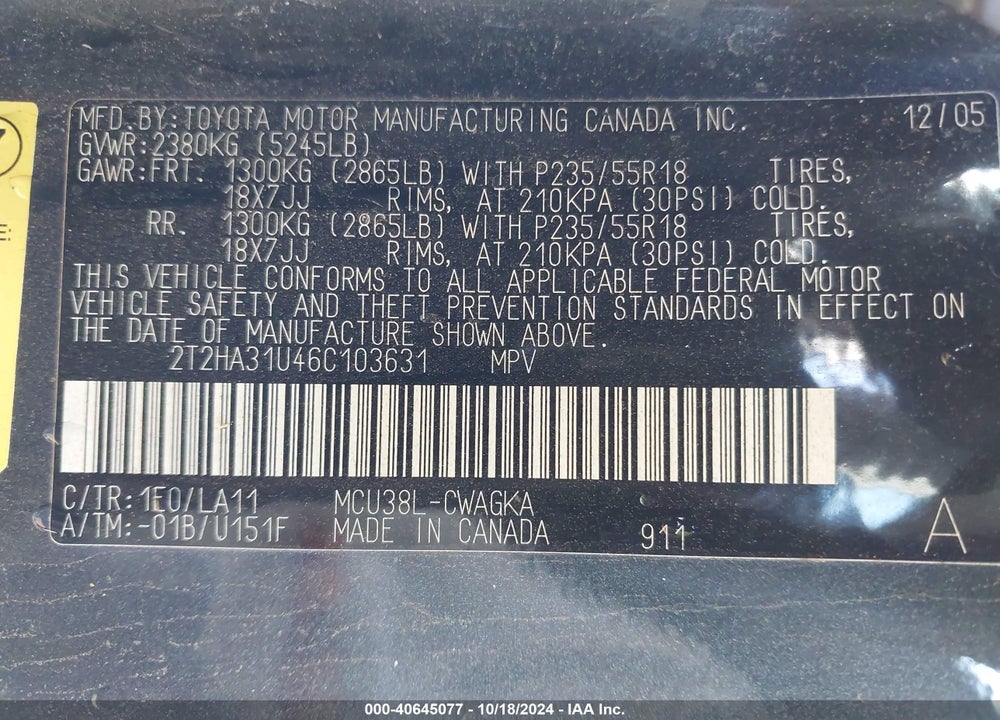 2006 LEXUS RX 330 VIN: 2T2HA31U46C103631