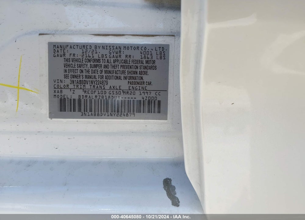 2022 NISSAN SENTRA SR XTRONIC CVT VIN: 3N1AB8DV1NY224879