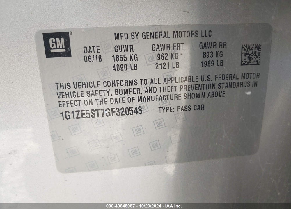 2016 CHEVROLET MALIBU VIN: 1G1ZE5ST7GF320543