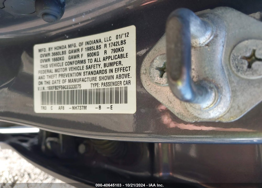 2012 HONDA CIVIC LX VIN: 19XFB2F59CE033075