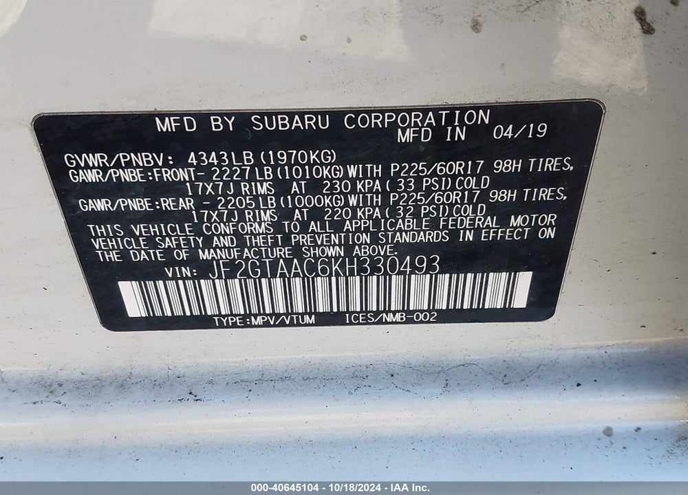 2019 SUBARU CROSSTREK 2.0I VIN: JF2GTAAC6KH330493