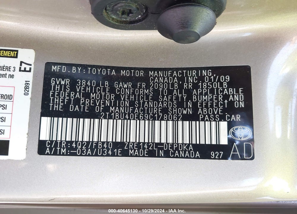 2009 TOYOTA COROLLA LE VIN: 2T1BU40E69C178062