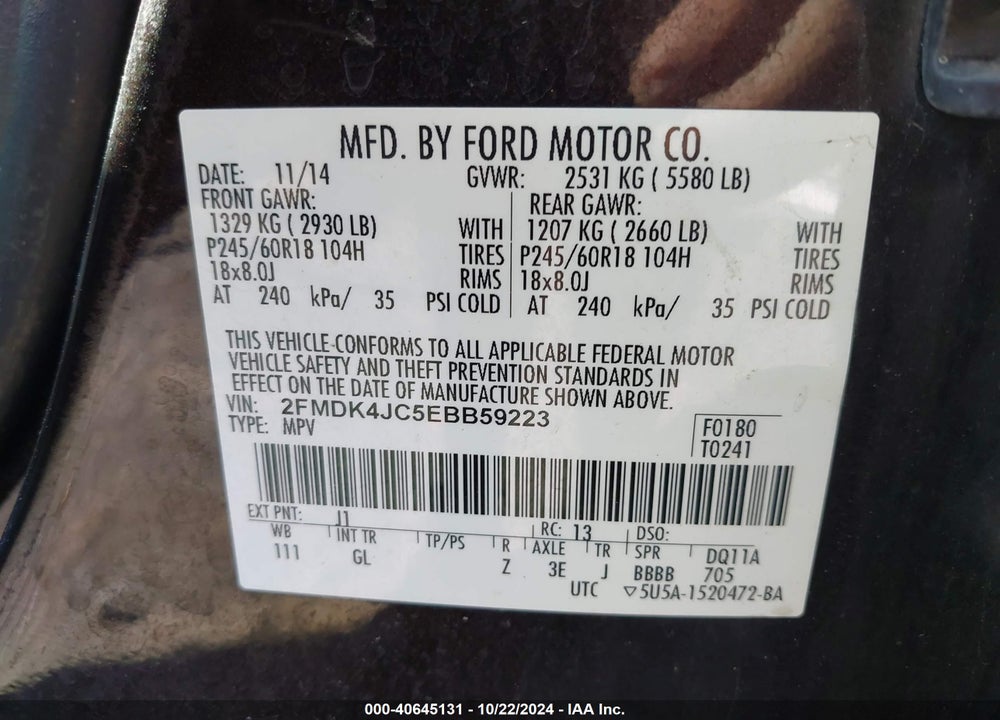 2014 FORD EDGE SEL VIN: 2FMDK4JC5EBB59223