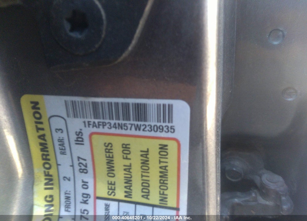 2007 FORD FOCUS VIN: 1FAFP34N57W230935
