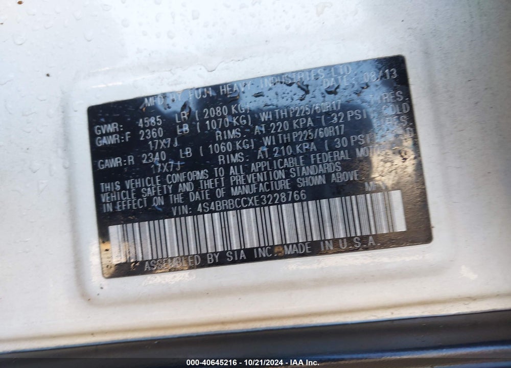 2014 SUBARU OUTBACK 2.5I PREMIUM VIN: 4S4BRBCCXE3228766