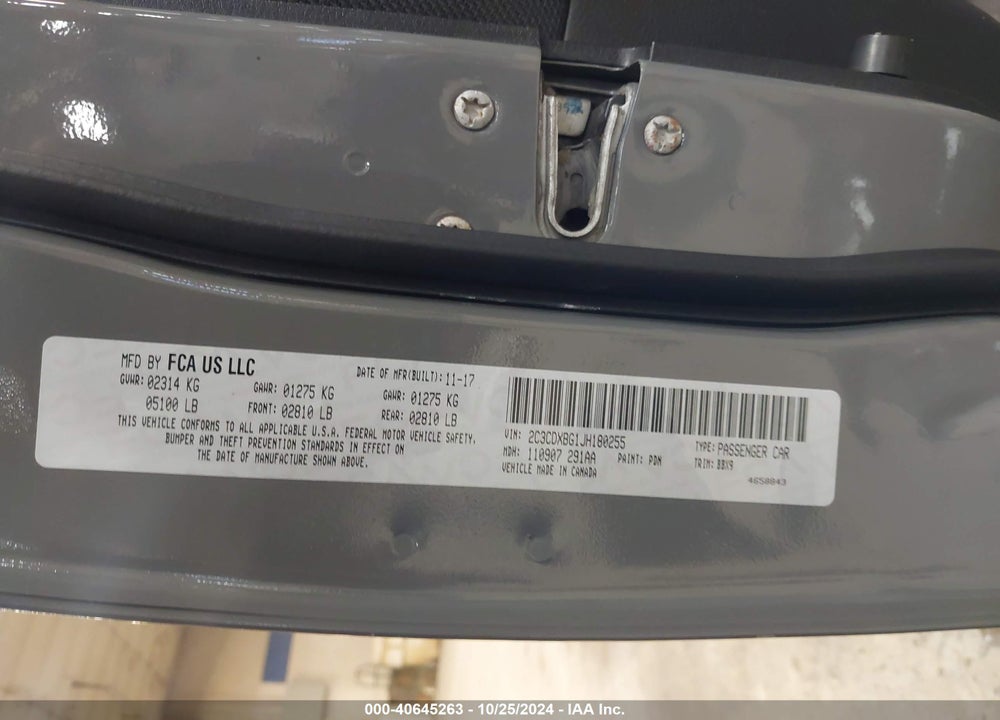 2018 DODGE CHARGER VIN: 2C3CDXBG1JH180255