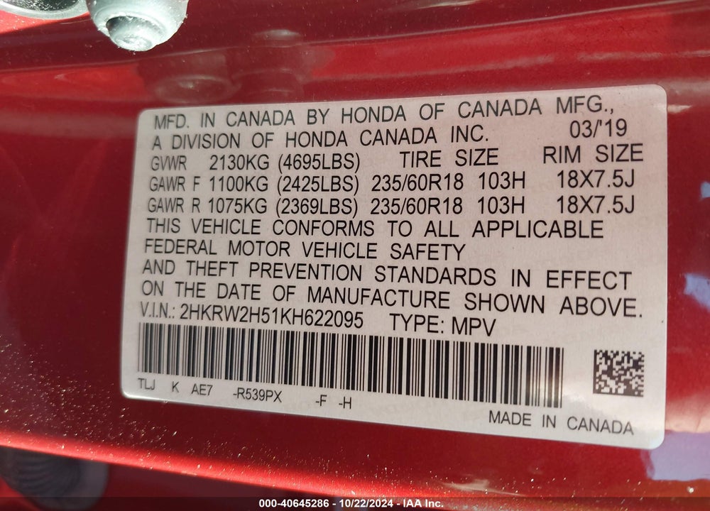 2019 HONDA CR-V EX VIN: 2HKRW2H51KH622095