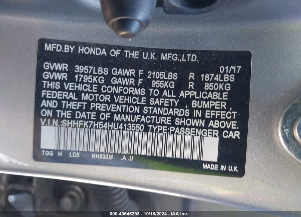 2017 HONDA CIVIC EX VIN: SHHFK7H54HU413550