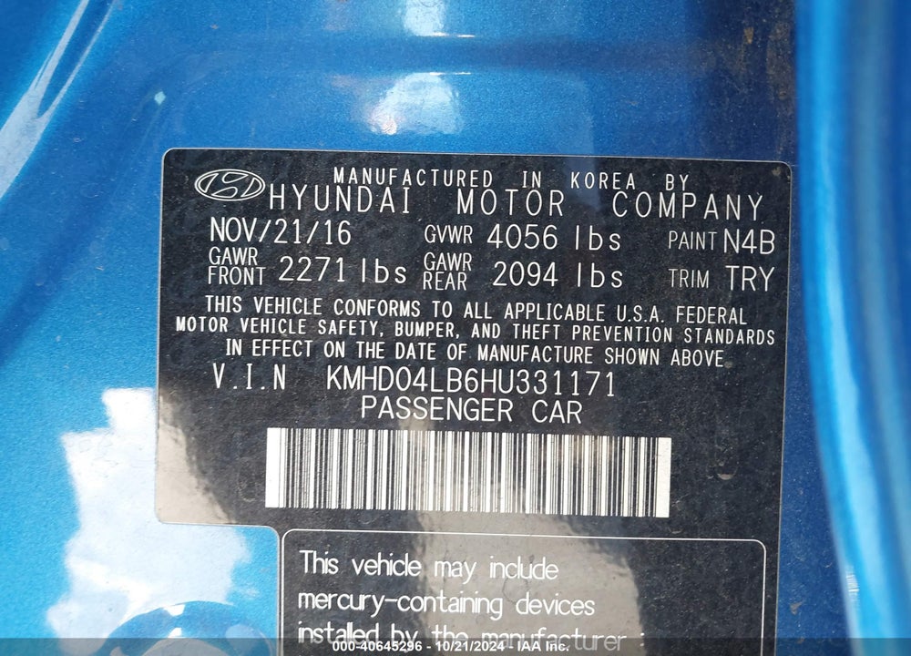 2017 HYUNDAI ELANTRA SPORT VIN: KMHD04LB6HU331171