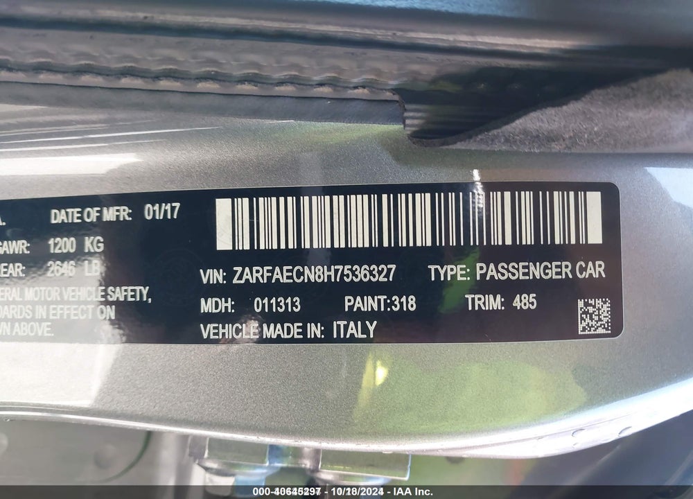 2017 ALFA ROMEO GIULIA VIN: ZARFAECN8H7536327