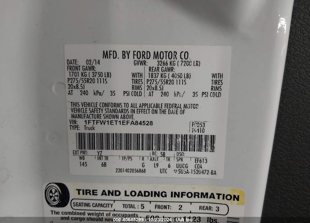 2014 FORD F-150 FX4 VIN: 1FTFW1ET1EFA84528