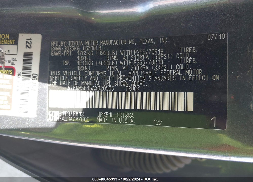 2010 TOYOTA TUNDRA GRADE 4.6L V8 VIN: 5TFRM5F15AX020505