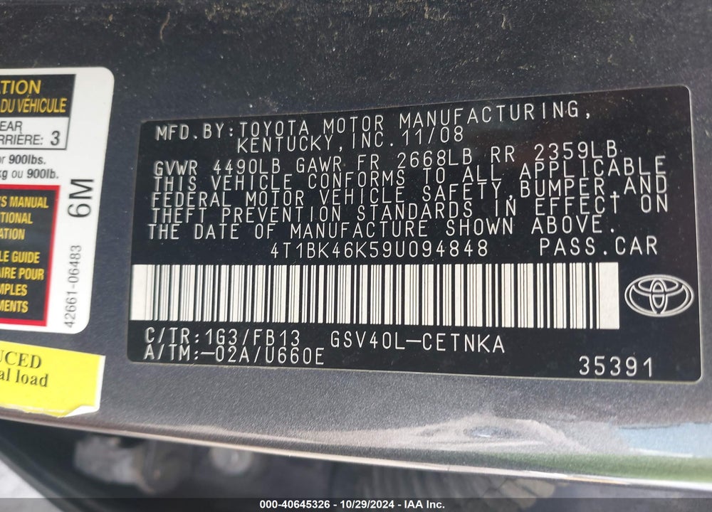 2009 TOYOTA CAMRY LE V6 VIN: 4T1BK46K59U094848