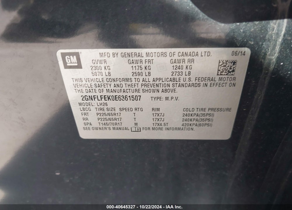 2014 CHEVROLET EQUINOX 1LT VIN: 2GNFLFEK0E6361507