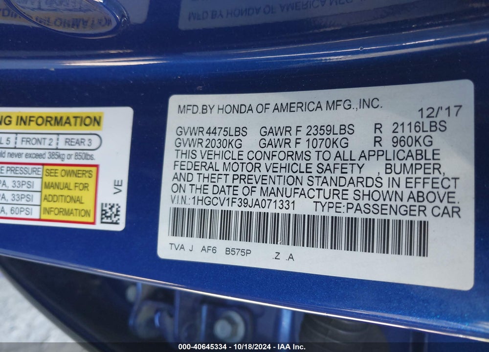 2018 HONDA ACCORD SPORT VIN: 1HGCV1F39JA071331