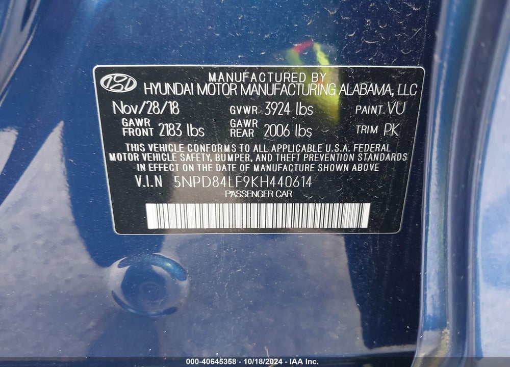 2019 HYUNDAI ELANTRA SEL VIN: 5NPD84LF9KH440614