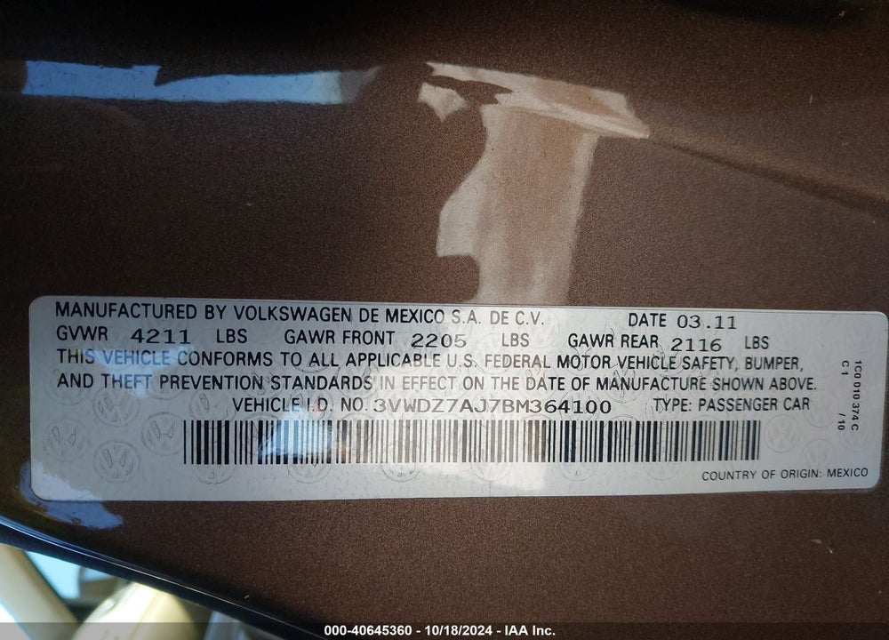 2011 VOLKSWAGEN JETTA 2.5L SE VIN: 3VWDZ7AJ7BM364100