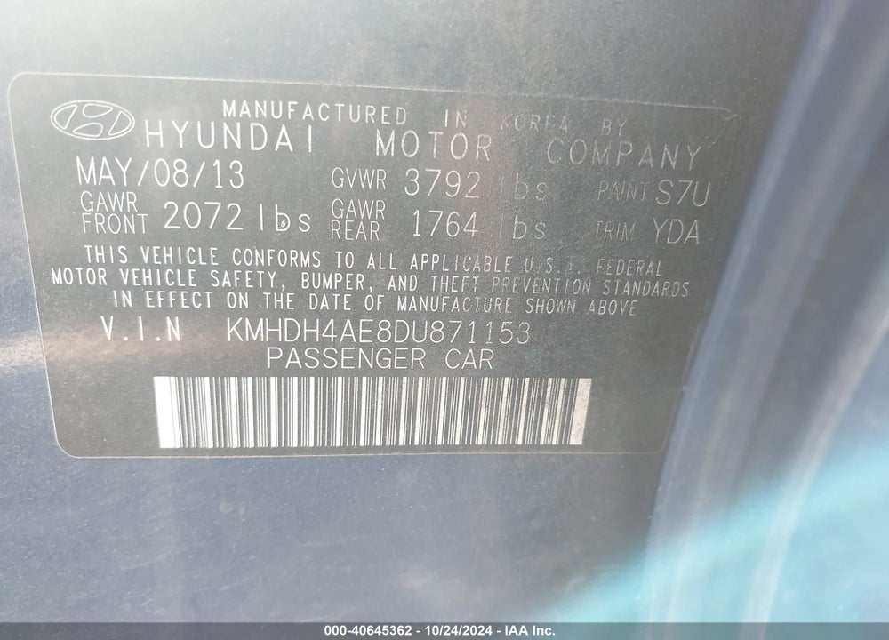 2013 HYUNDAI ELANTRA VIN: KMHDH4AE8DU871153