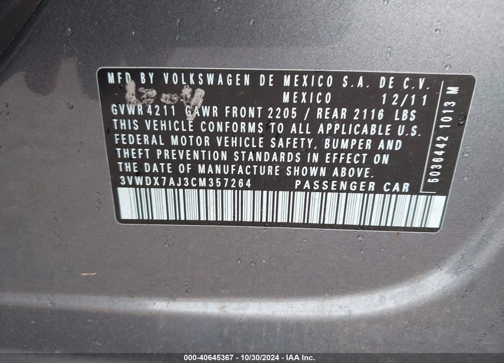 2012 VOLKSWAGEN JETTA 2.5L SE VIN: 3VWDX7AJ3CM357264