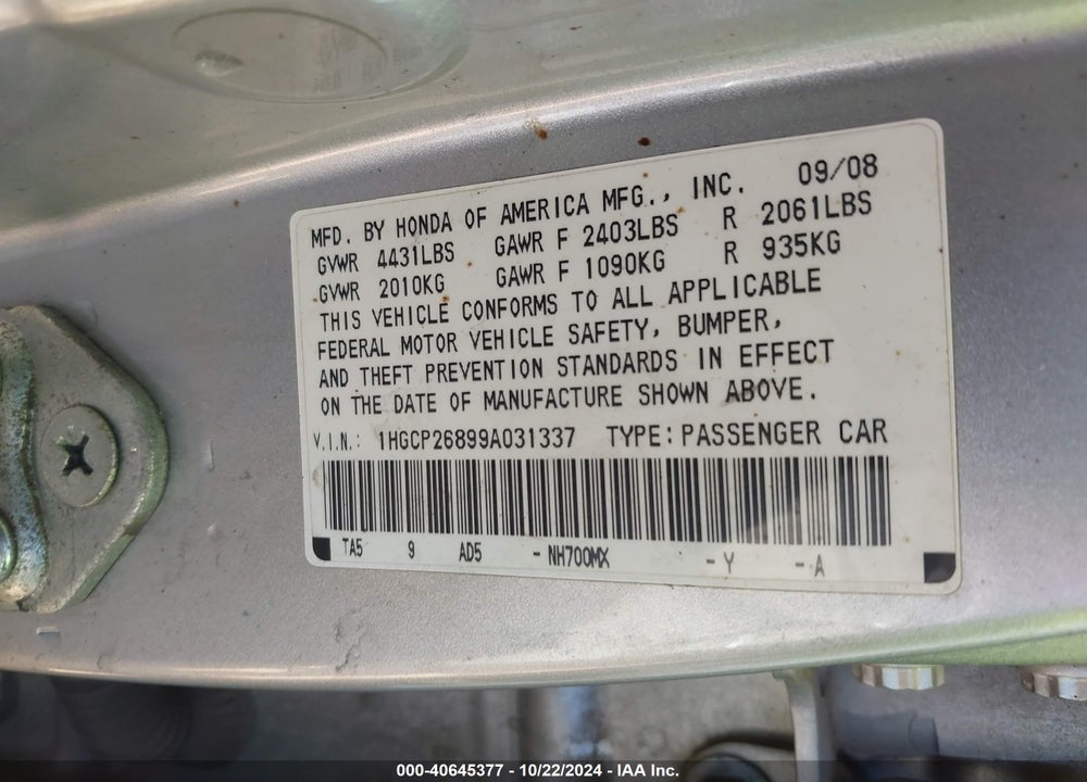 2009 HONDA ACCORD 2.4 EX-L VIN: 1HGCP26899A031337