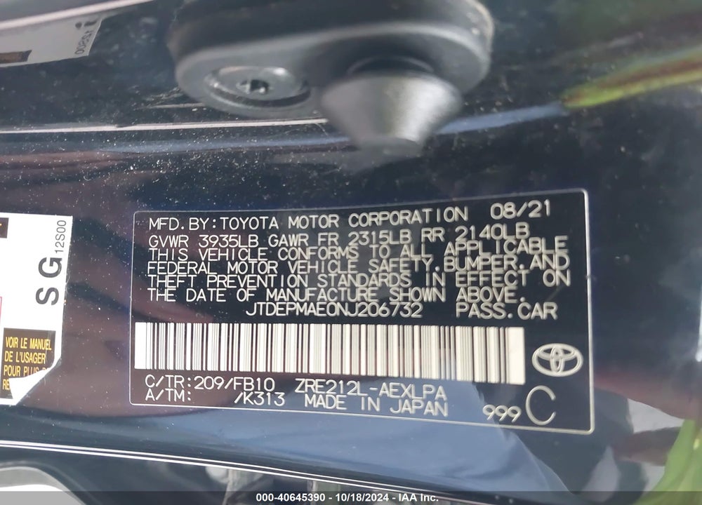 2022 TOYOTA COROLLA LE VIN: JTDEPMAE0NJ206732