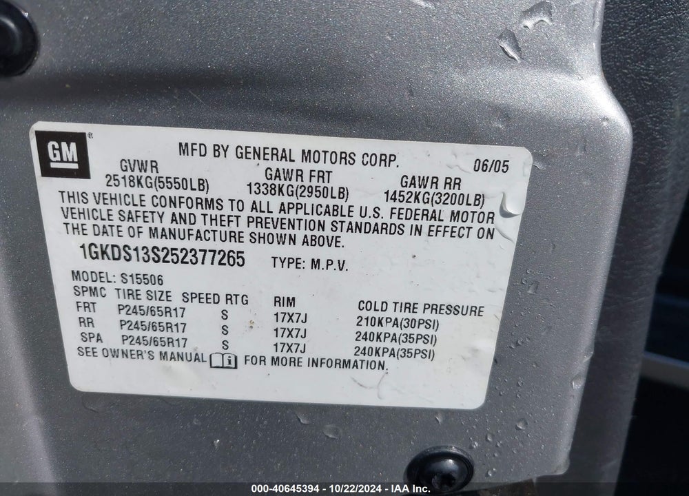 2005 GMC ENVOY SLE VIN: 1GKDS13S252377265