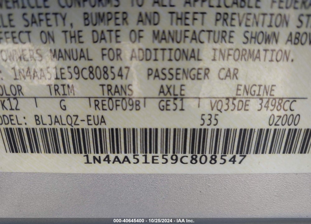 2009 NISSAN MAXIMA VIN: 1N4AA51E59C808547
