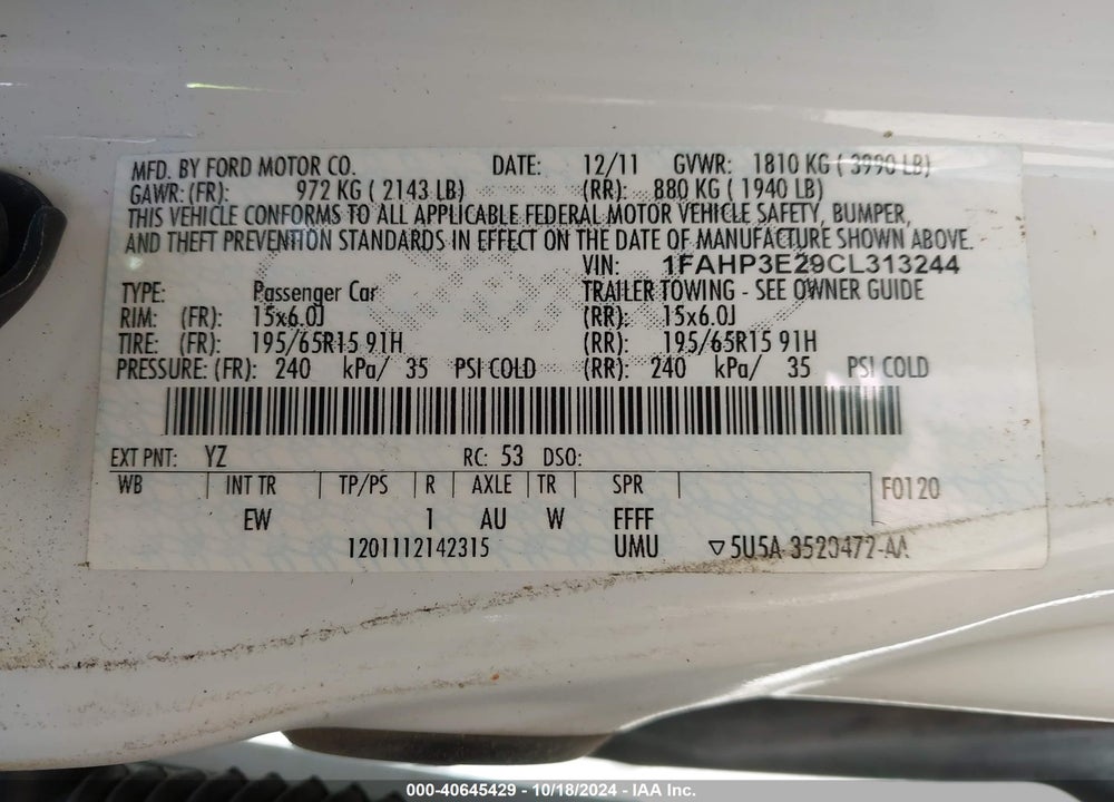 2012 FORD FOCUS S VIN: 1FAHP3E29CL313244