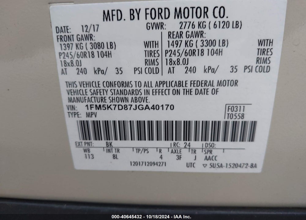 2018 FORD EXPLORER XLT VIN: 1FM5K7D87JGA40170
