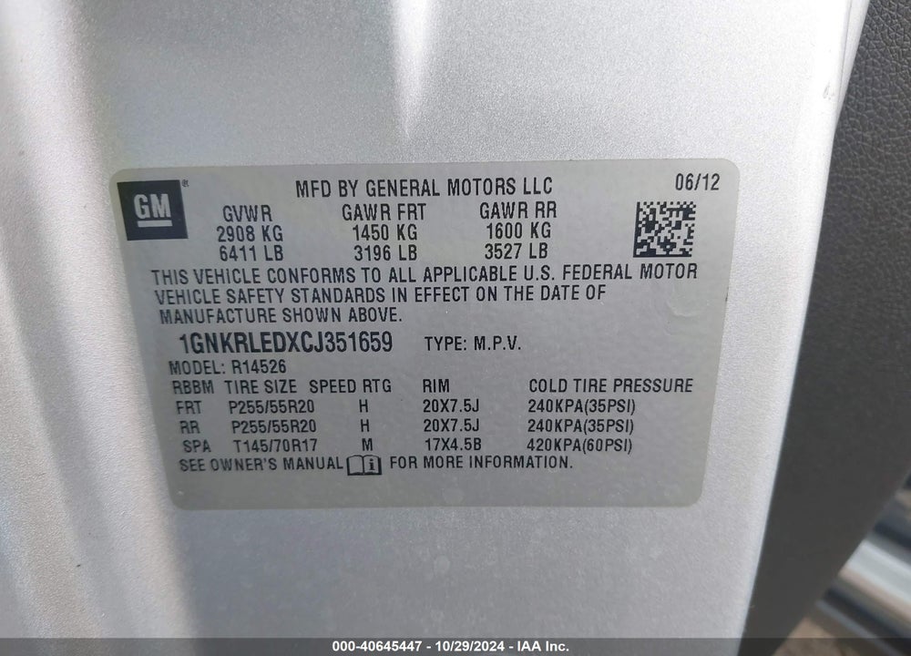 2012 CHEVROLET TRAVERSE LTZ VIN: 1GNKRLEDXCJ351659