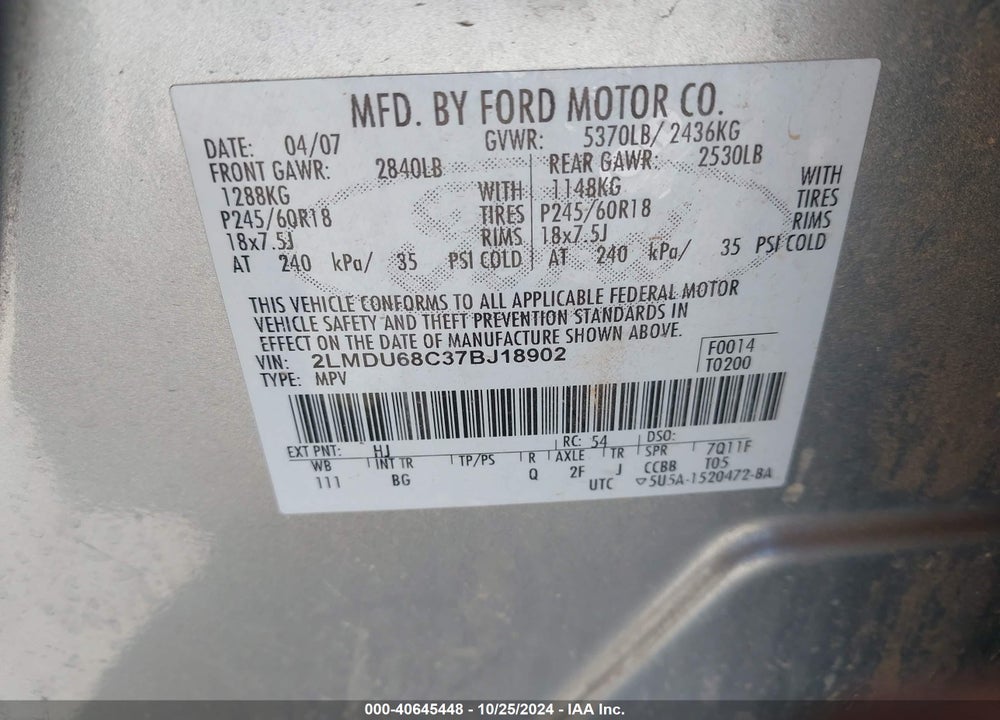2007 LINCOLN MKX VIN: 2LMDU68C37BJ18902