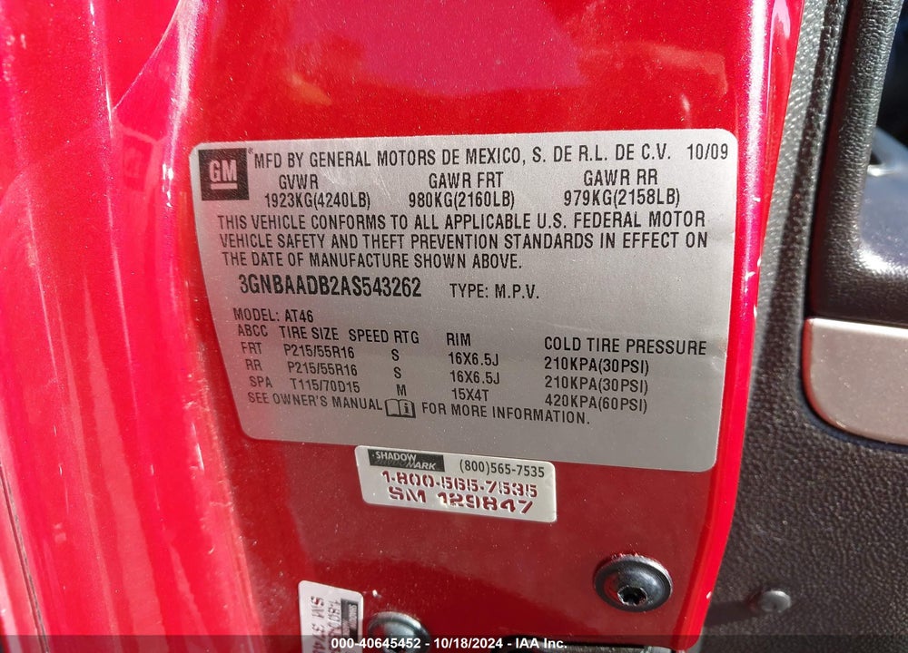 2010 CHEVROLET HHR LS VIN: 3GNBAADB2AS543262