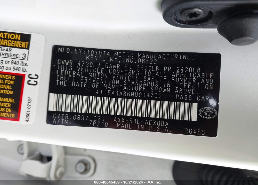 2022 TOYOTA AVALON XSE NIGHTSHADE HYBRID VIN: 4T1EA1AB6NU014702