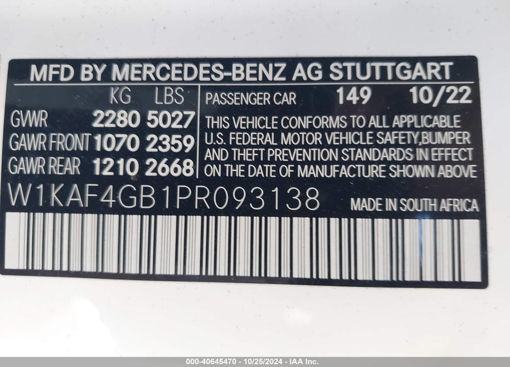 2023 MERCEDES-BENZ C 300 SEDAN VIN: W1KAF4GB1PR093138