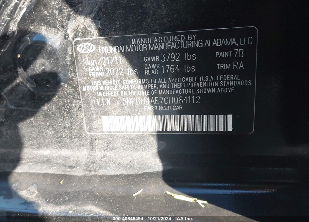 2012 HYUNDAI ELANTRA GLS VIN: 5NPDH4AE7CH084112