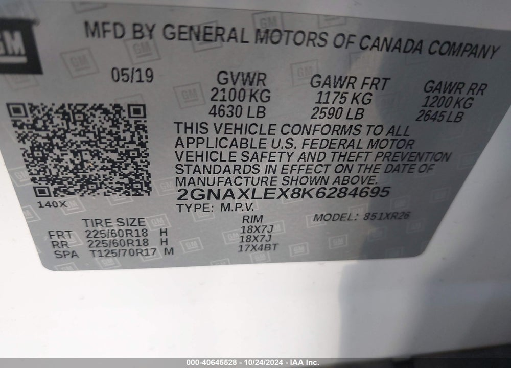 2019 CHEVROLET EQUINOX LT VIN: 2GNAXLEX8K6284695