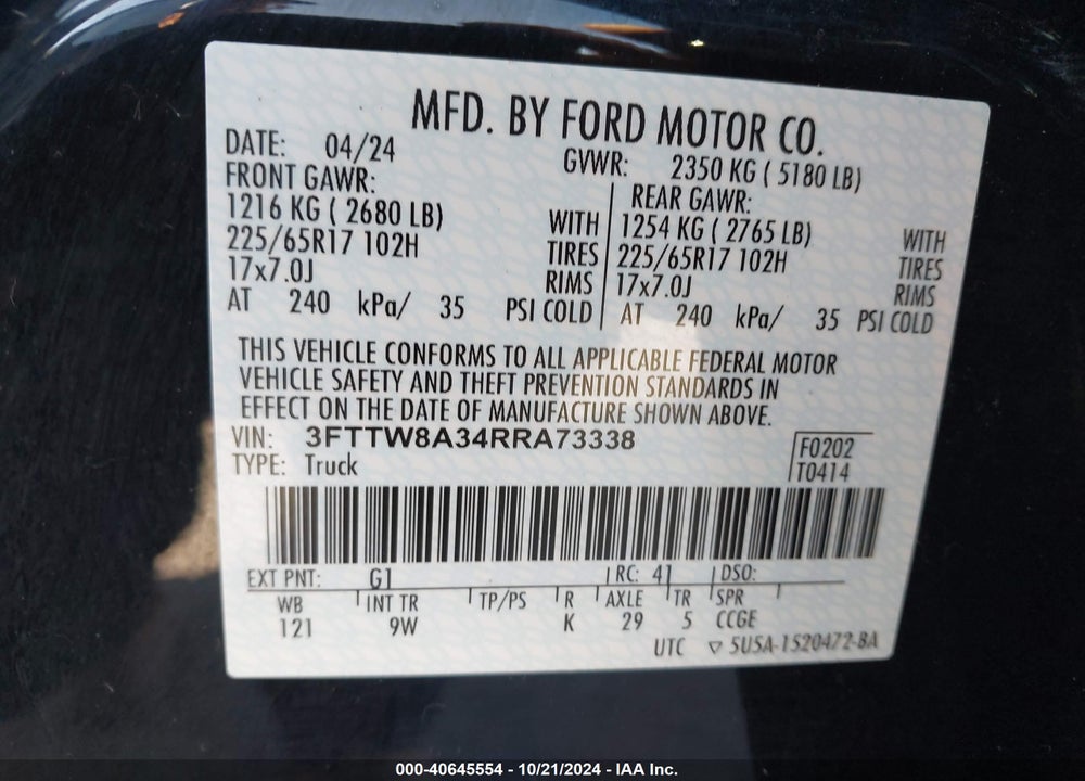 2024 FORD MAVERICK XL VIN: 3FTTW8A34RRA73338