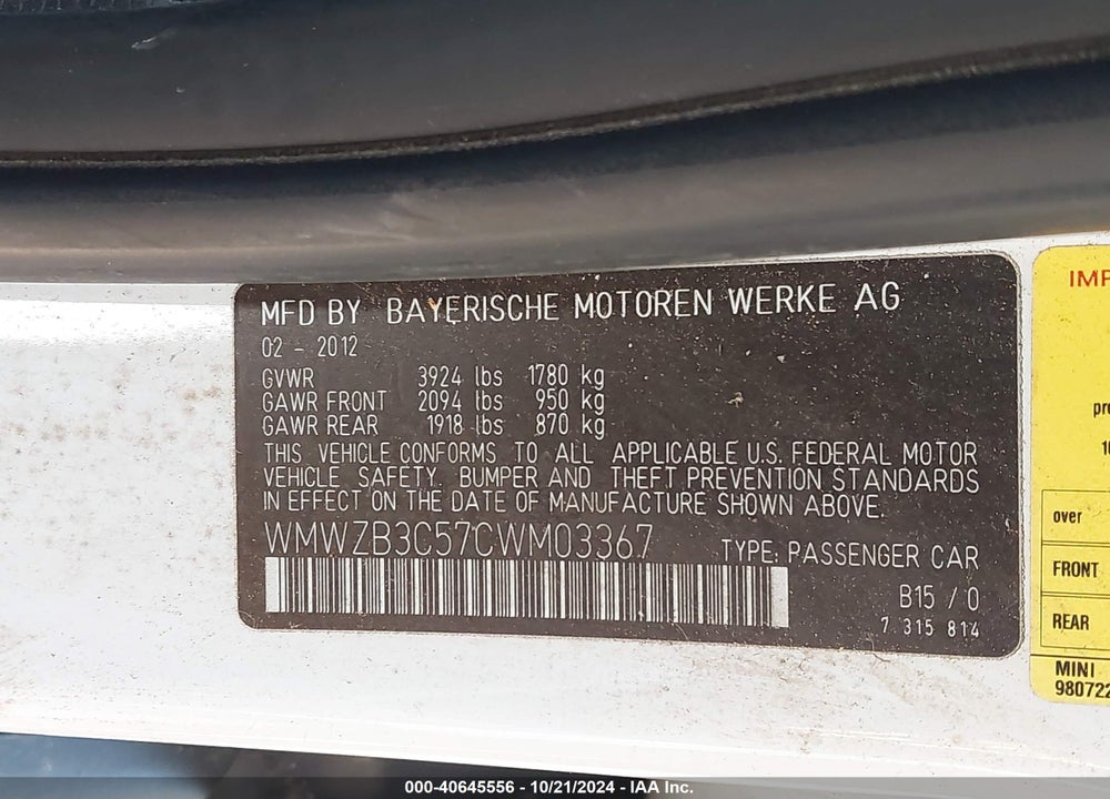 2012 MINI COOPER COUNTRYMAN VIN: WMWZB3C57CWM03367