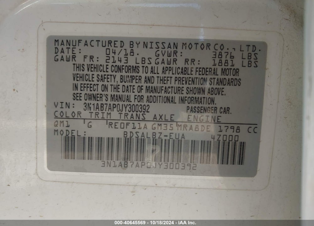 2018 NISSAN SENTRA S VIN: 3N1AB7AP0JY300392