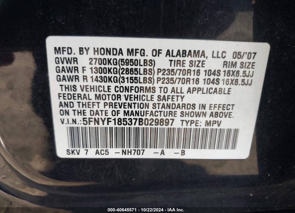 2007 HONDA PILOT EX-L VIN: 5FNYF18537B029897