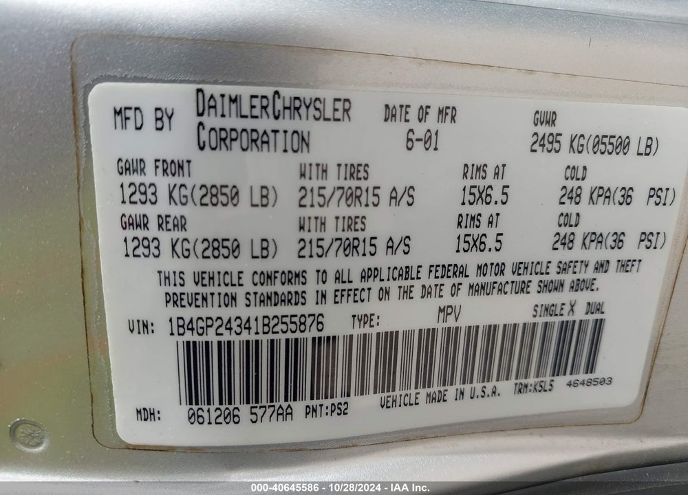 2001 DODGE GRAND CARAVAN SE VIN: 1B4GP24341B255876