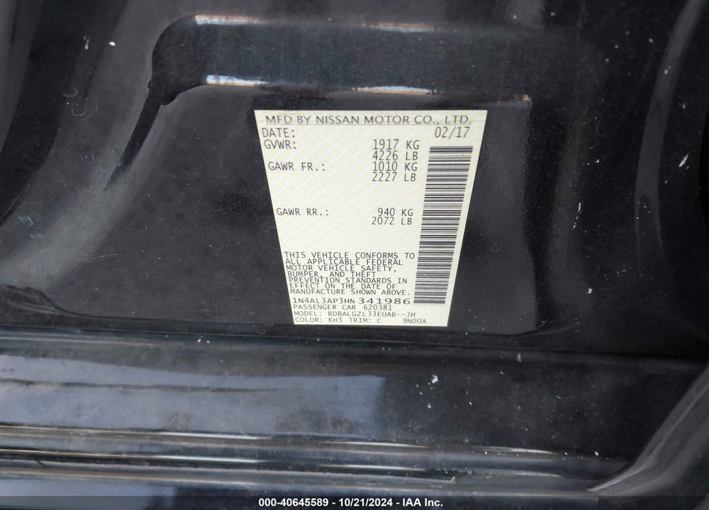 2017 NISSAN ALTIMA 2.5 S VIN: 1N4AL3AP3HN341986