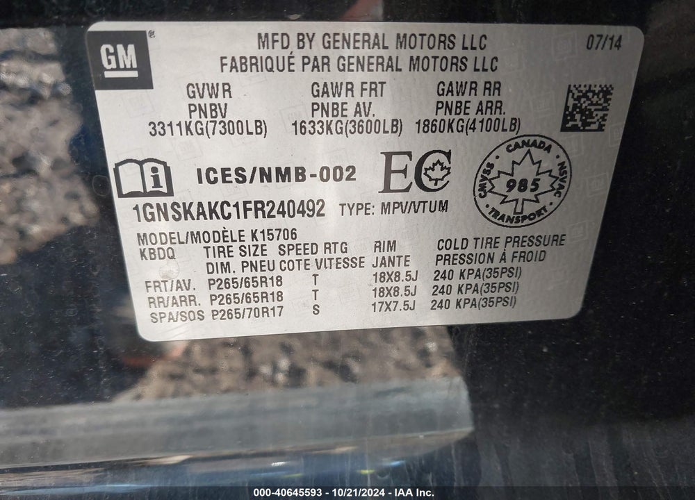 2015 CHEVROLET TAHOE LS VIN: 1GNSKAKC1FR240492