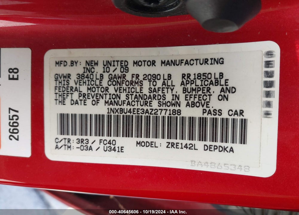 2010 TOYOTA COROLLA LE VIN: 1NXBU4EE3AZ277188