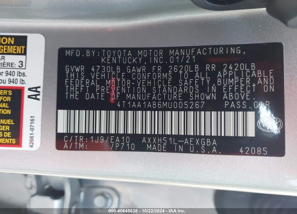 2021 TOYOTA AVALON XLE HYBRID VIN: 4T1AA1AB6MU005267