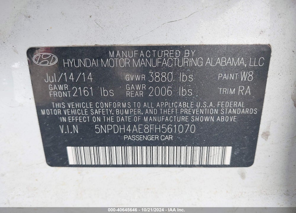 2015 HYUNDAI ELANTRA SE VIN: 5NPDH4AE8FH561070