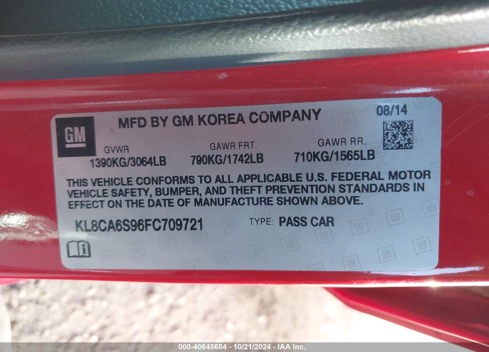 2015 CHEVROLET SPARK LS MANUAL VIN: KL8CA6S96FC709721