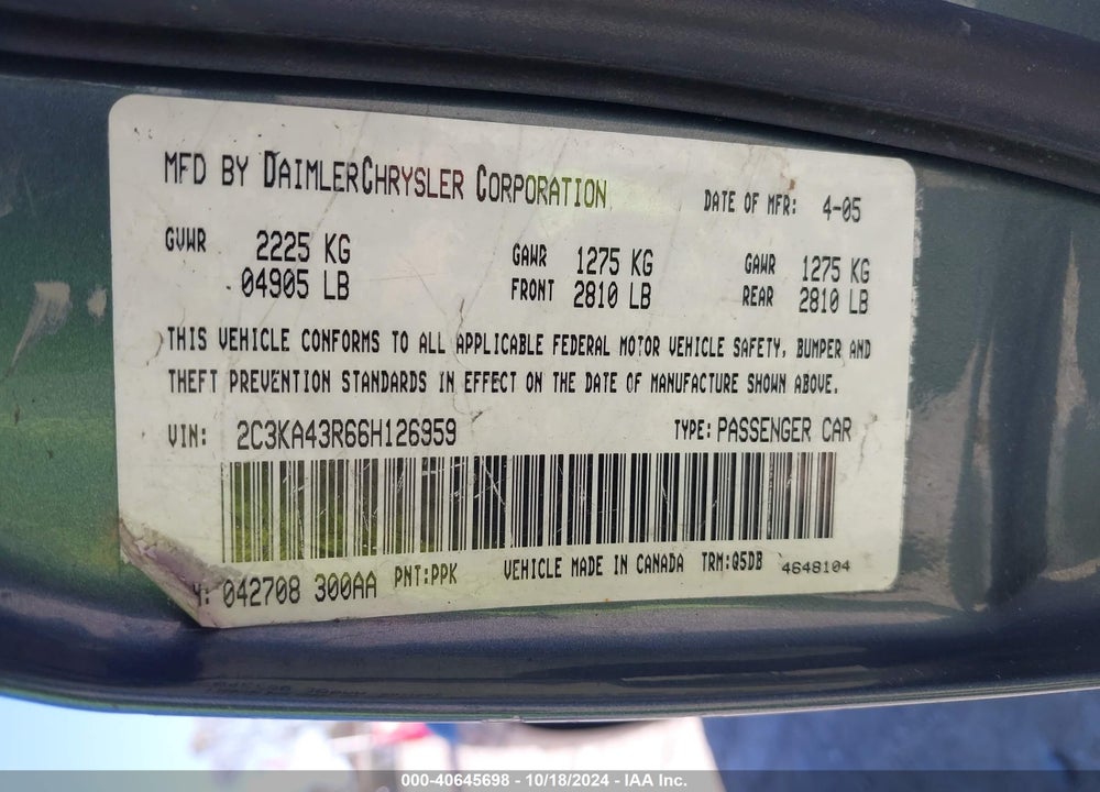 2006 CHRYSLER 300 VIN: 2C3KA43R66H126959