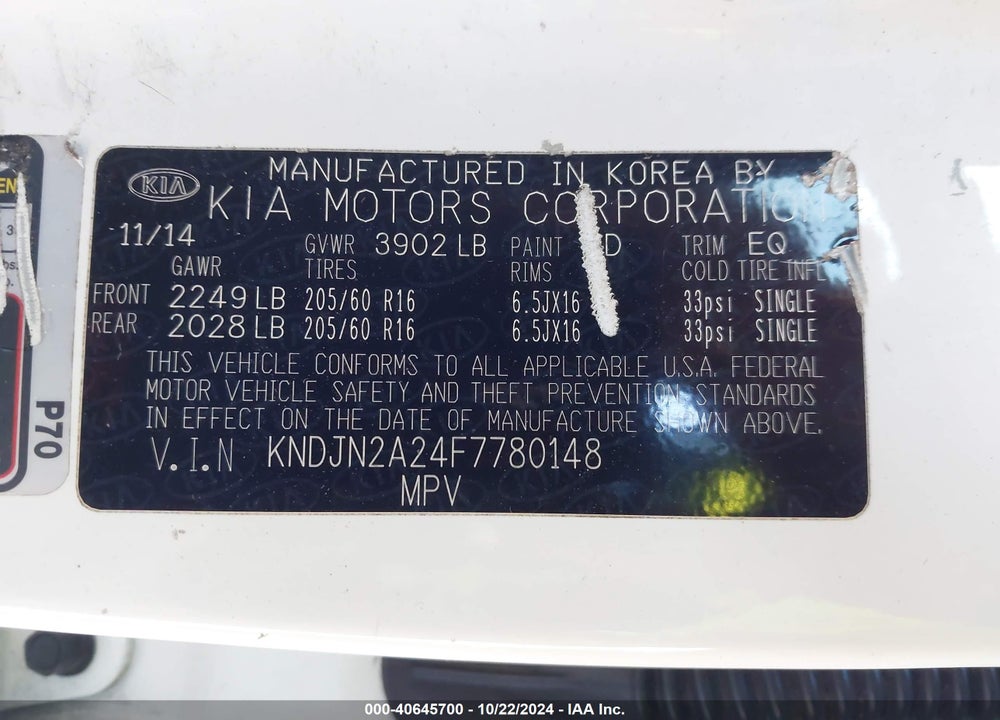 2015 KIA SOUL VIN: KNDJN2A24F7780148